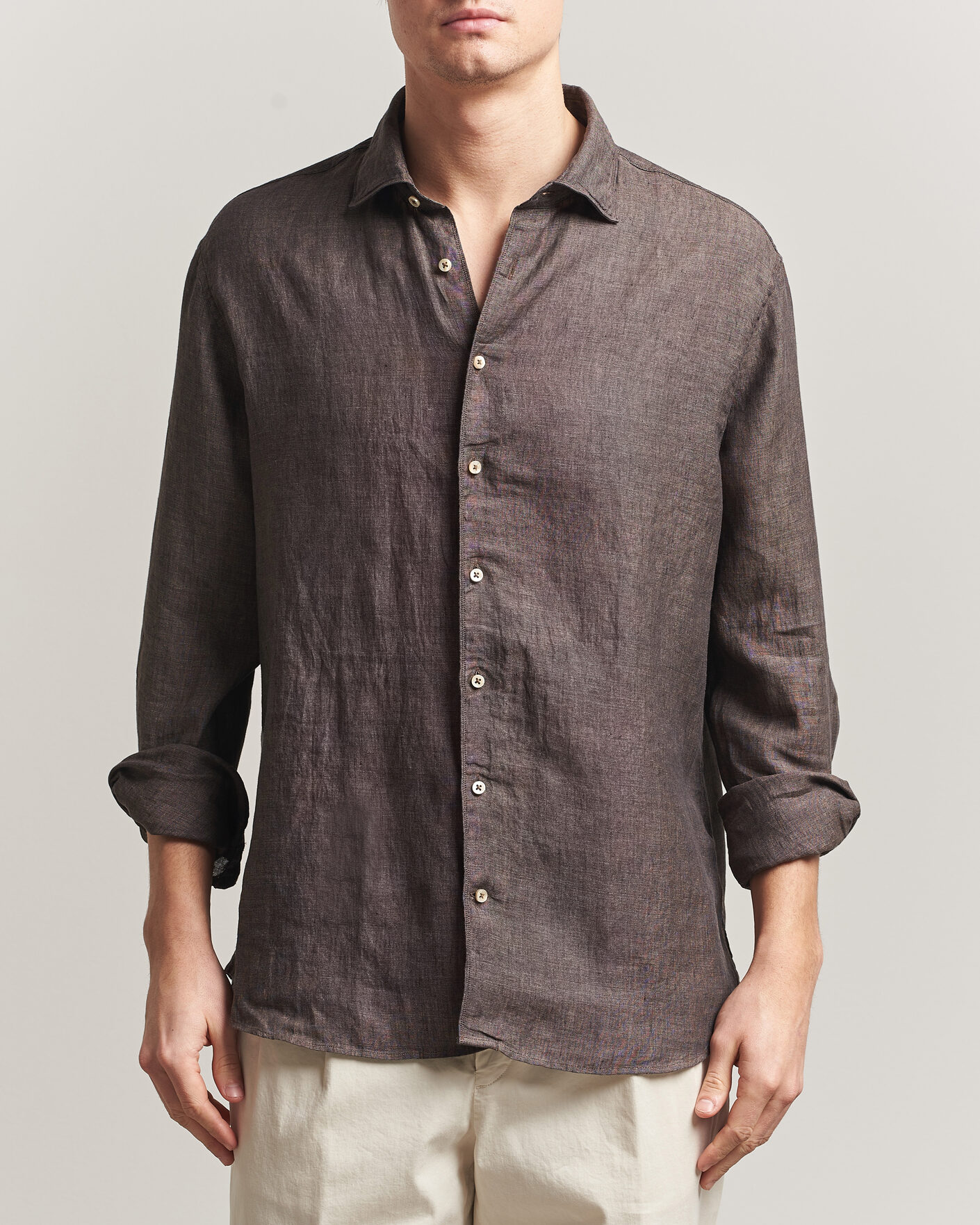 Hombres | Camisas | Stenströms | Regular Fit Cut Away Linen Shirt Brown