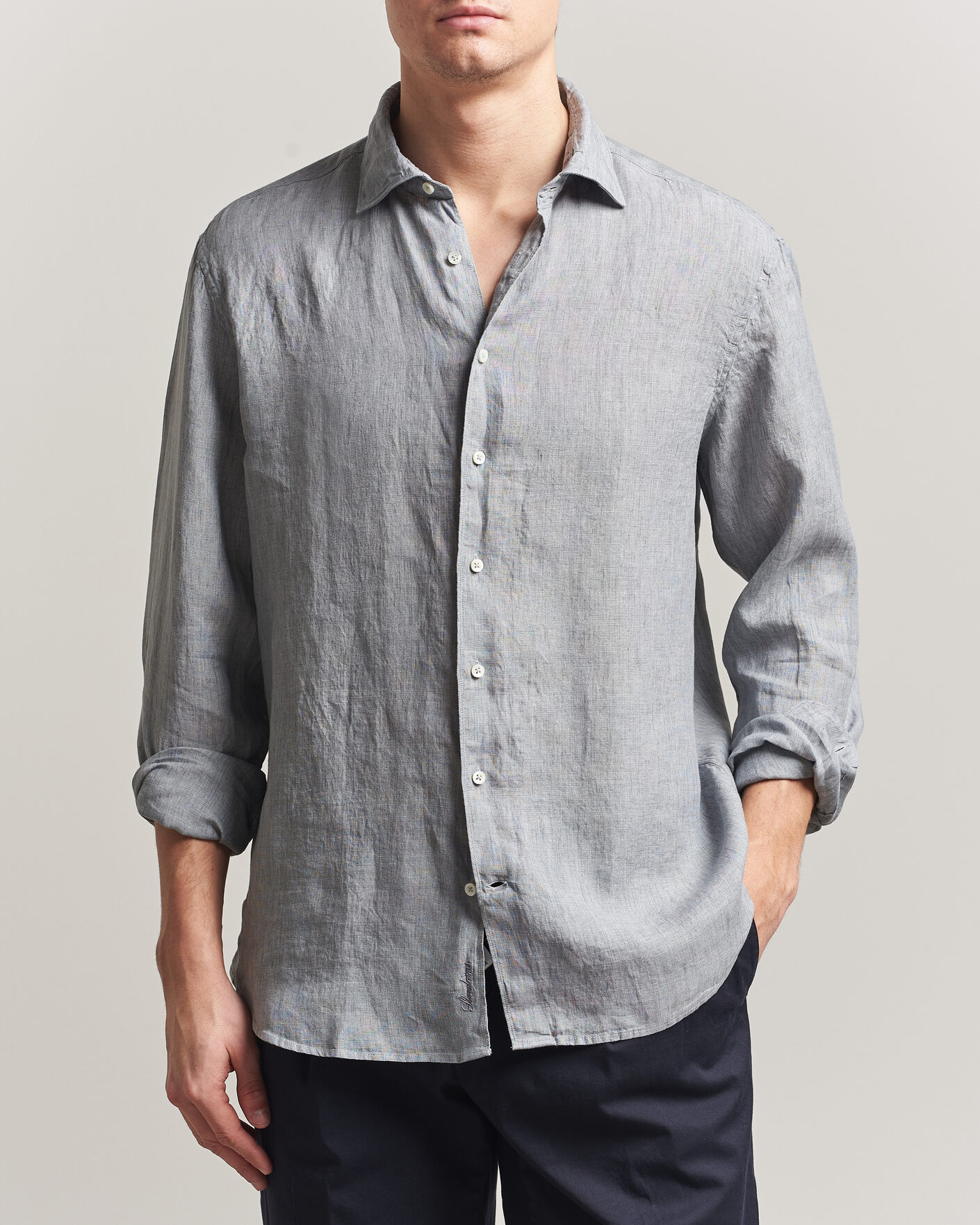 Hombres | Camisas | Stenströms | Regular Fit Cut Away Linen Shirt Grey