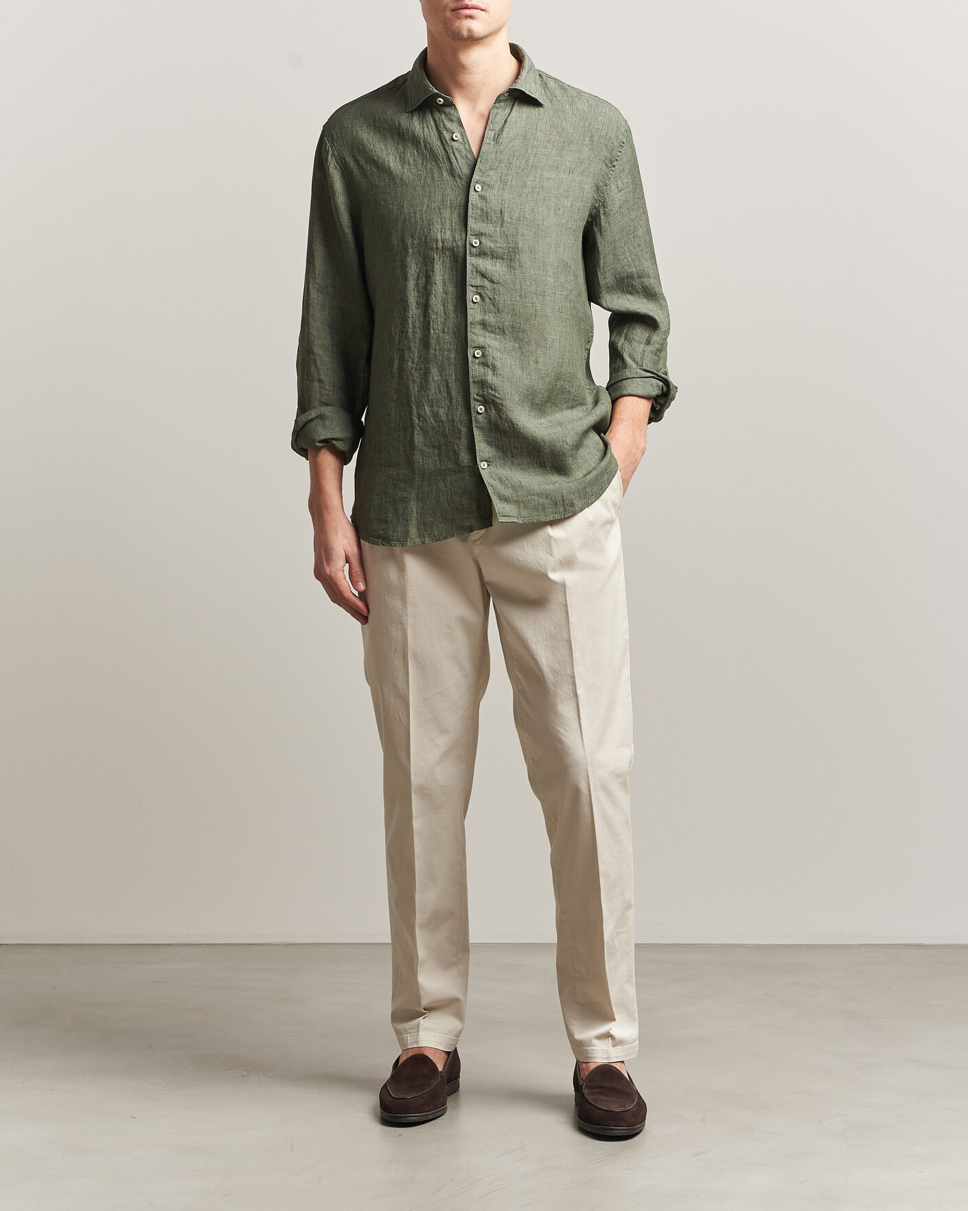 Hombres | Camisas | Stenströms | Regular Fit Cut Away Linen Shirt Green