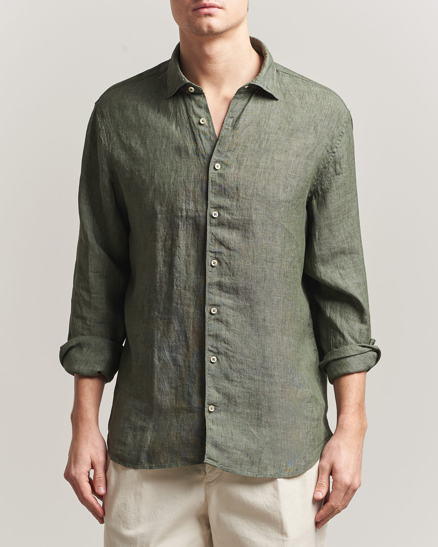 Hombres | Camisas | Stenströms | Regular Fit Cut Away Linen Shirt Green
