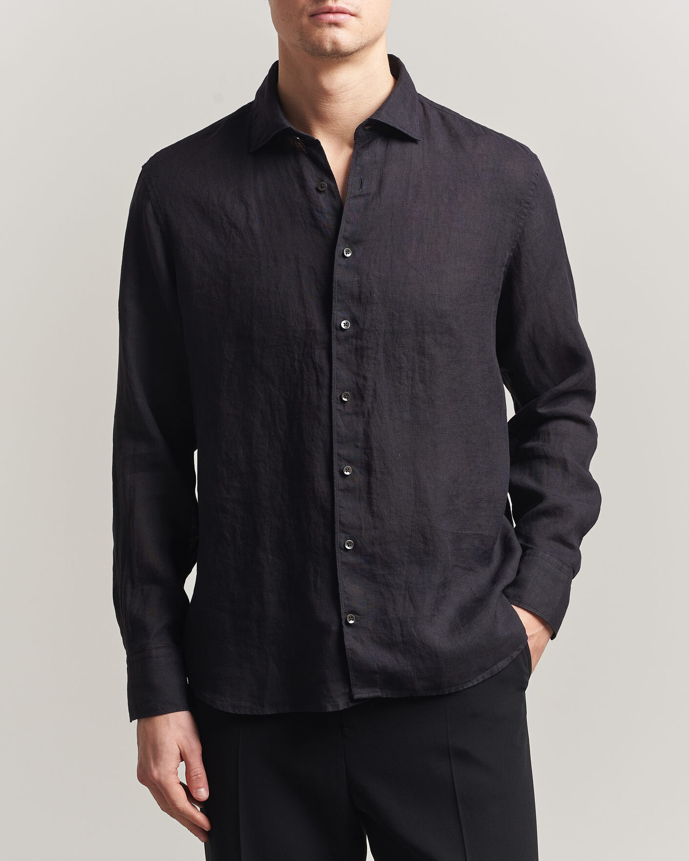 Hombres | Camisas | Stenströms | Regular Fit Cut Away Linen Shirt Black