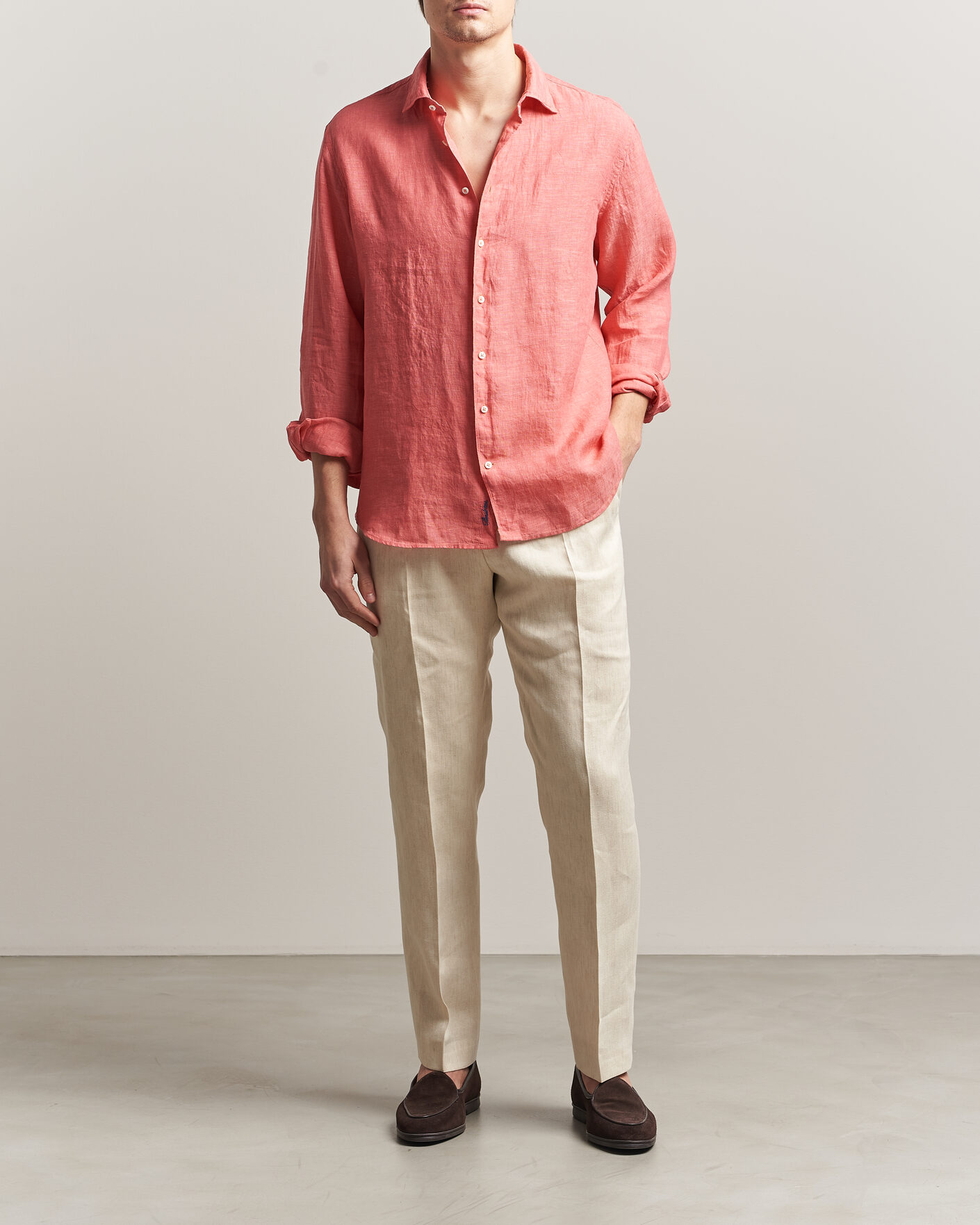 Hombres | Camisas | Stenströms | Regular Fit Cut Away Linen Shirt Raspberry