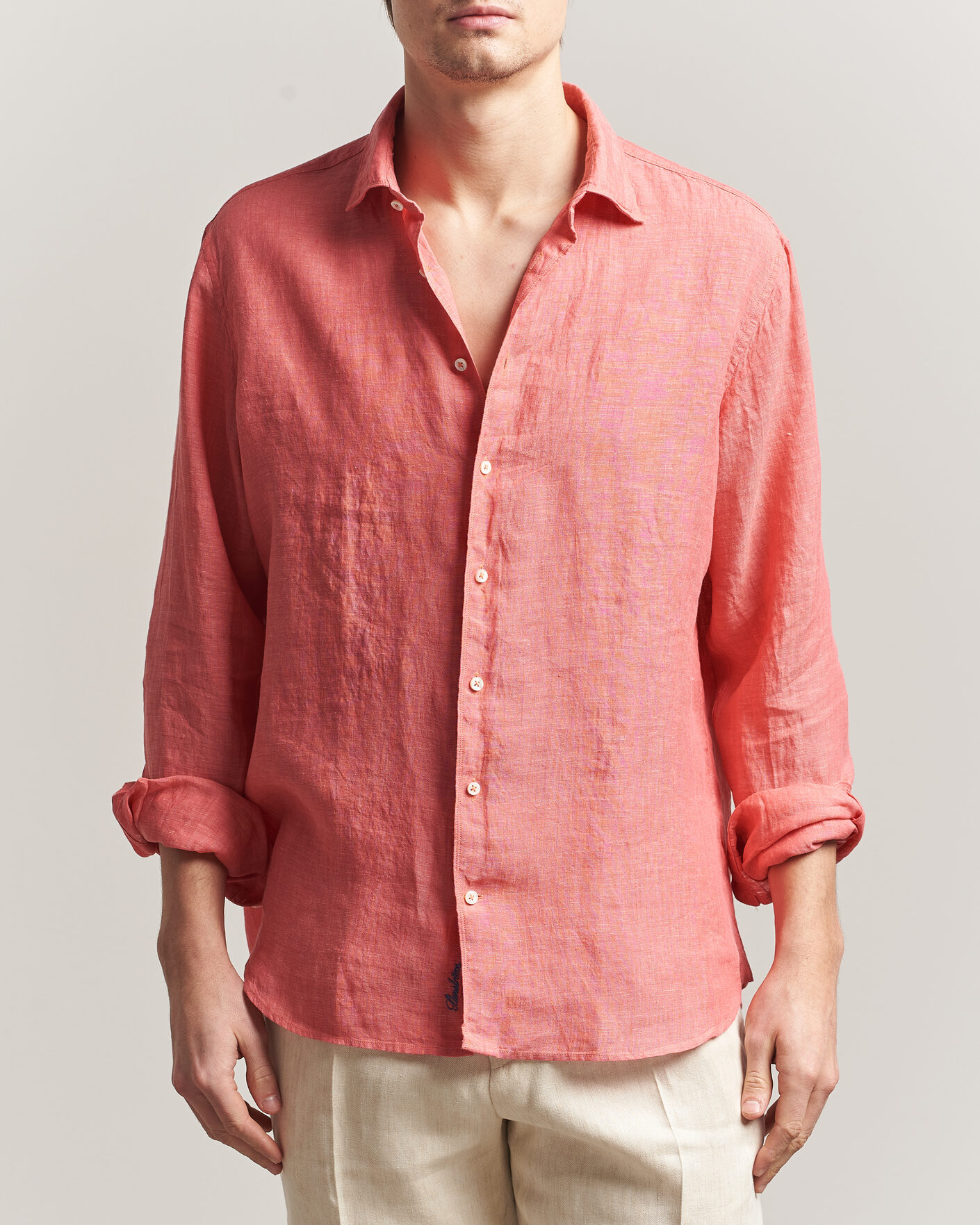 Hombres | Camisas | Stenströms | Regular Fit Cut Away Linen Shirt Raspberry