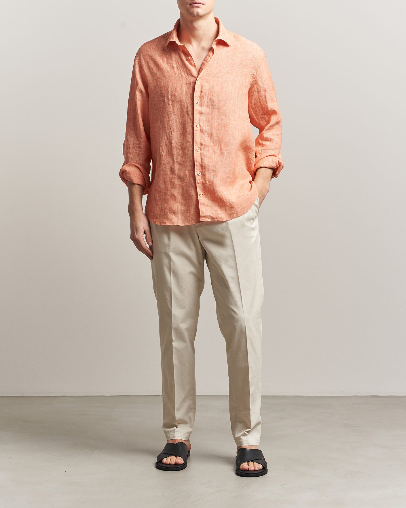 Hombres | Camisas | Stenströms | Regular Fit Cut Away Linen Shirt Orange