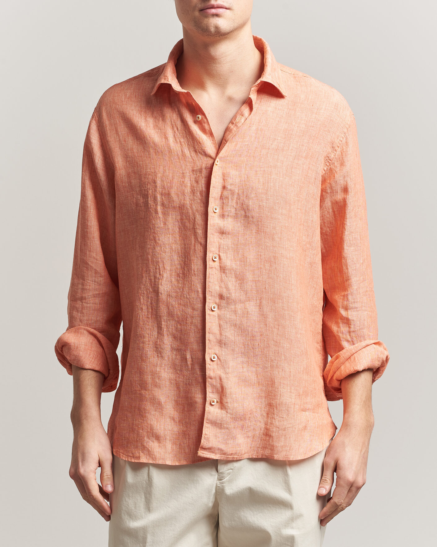 Hombres | Camisas | Stenströms | Regular Fit Cut Away Linen Shirt Orange