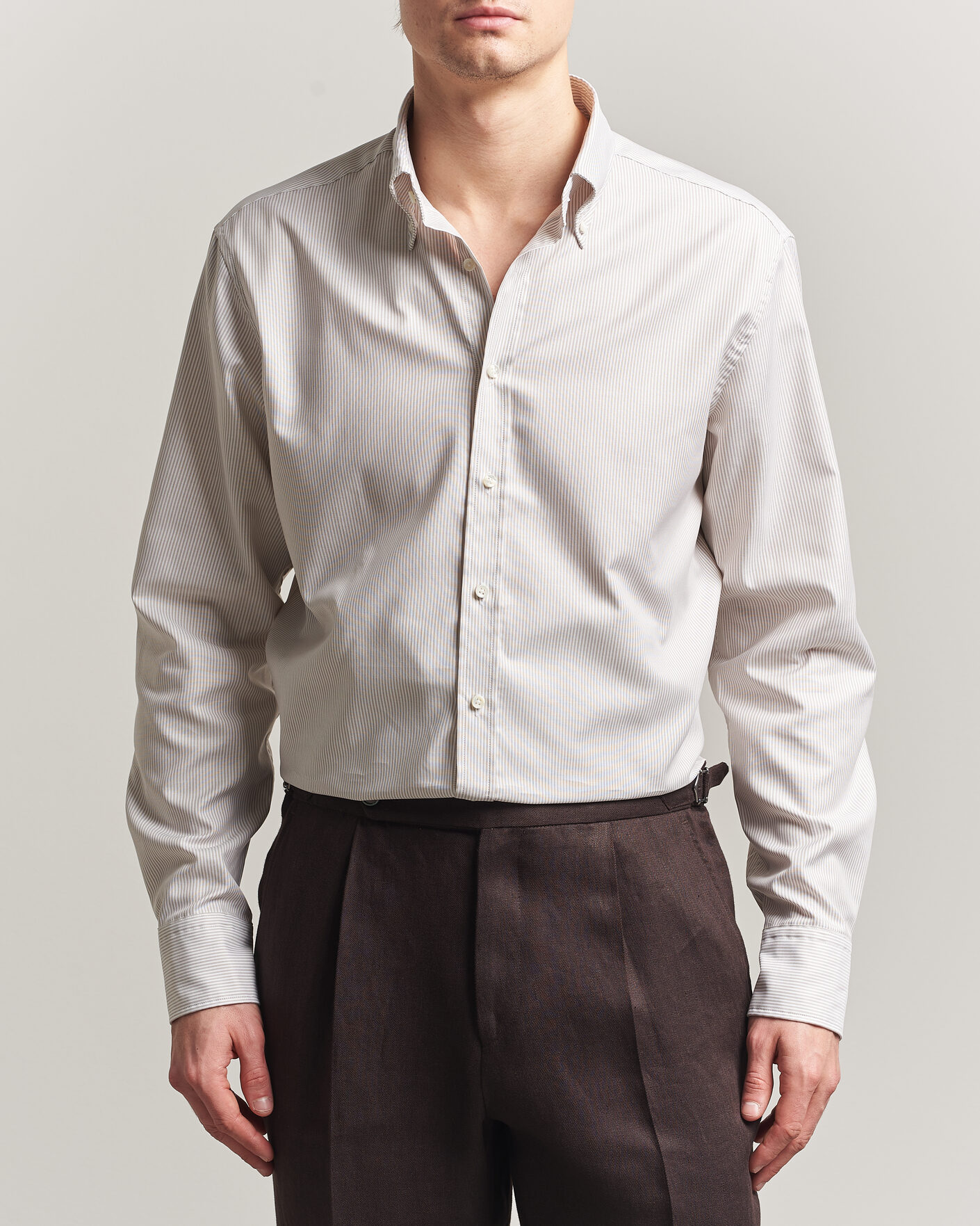 Hombres | Camisas | Stenströms | Regular Fit Thin Striped Oxford Shirt Beige