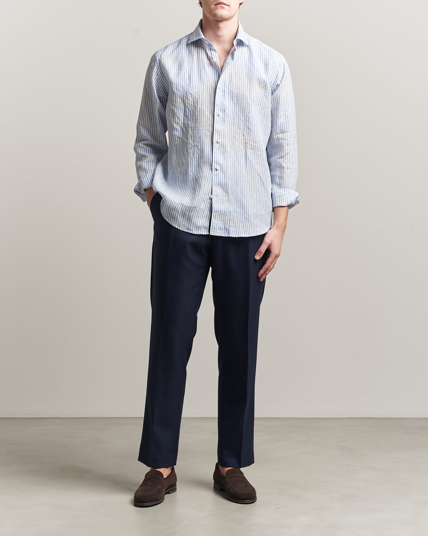 Hombres | Camisas | Eton | Casual Fit Striped Linen Shirt Light Blue