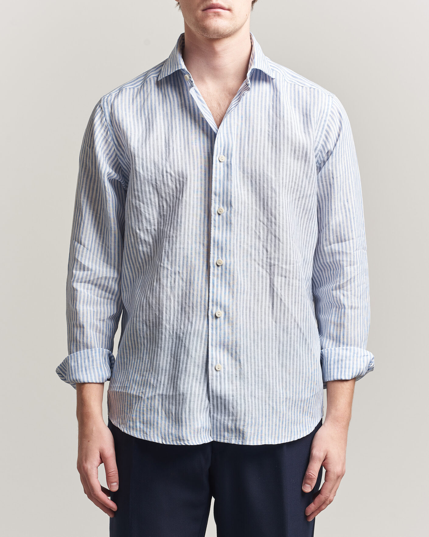 Hombres | Camisas | Eton | Casual Fit Striped Linen Shirt Light Blue