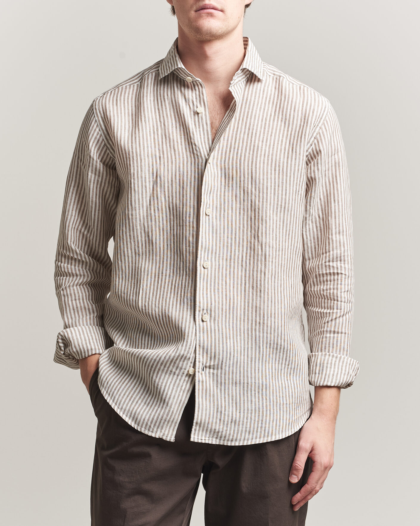 Hombres | Camisas | Eton | Casual Fit Striped Linen Shirt Beige