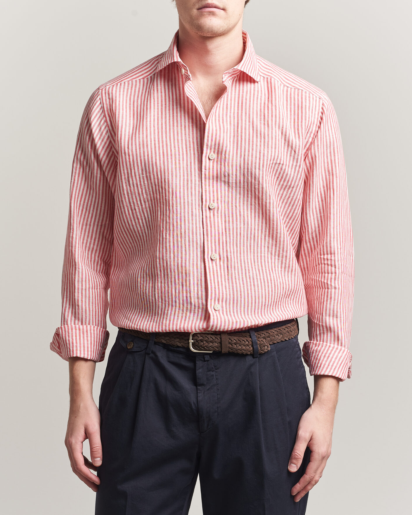 Hombres | Camisas | Eton | Casual Fit Striped Linen Shirt Red