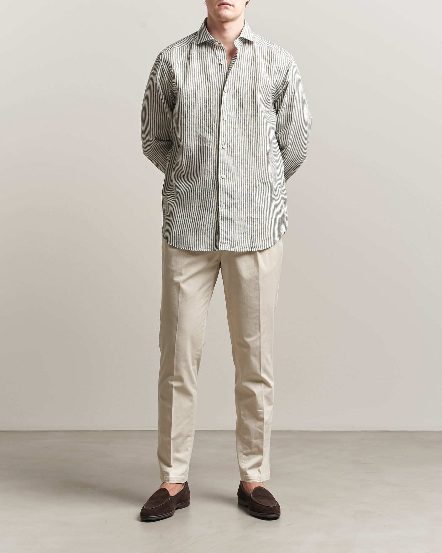 Hombres | Camisas | Eton | Casual Fit Striped Linen Shirt Dark Green