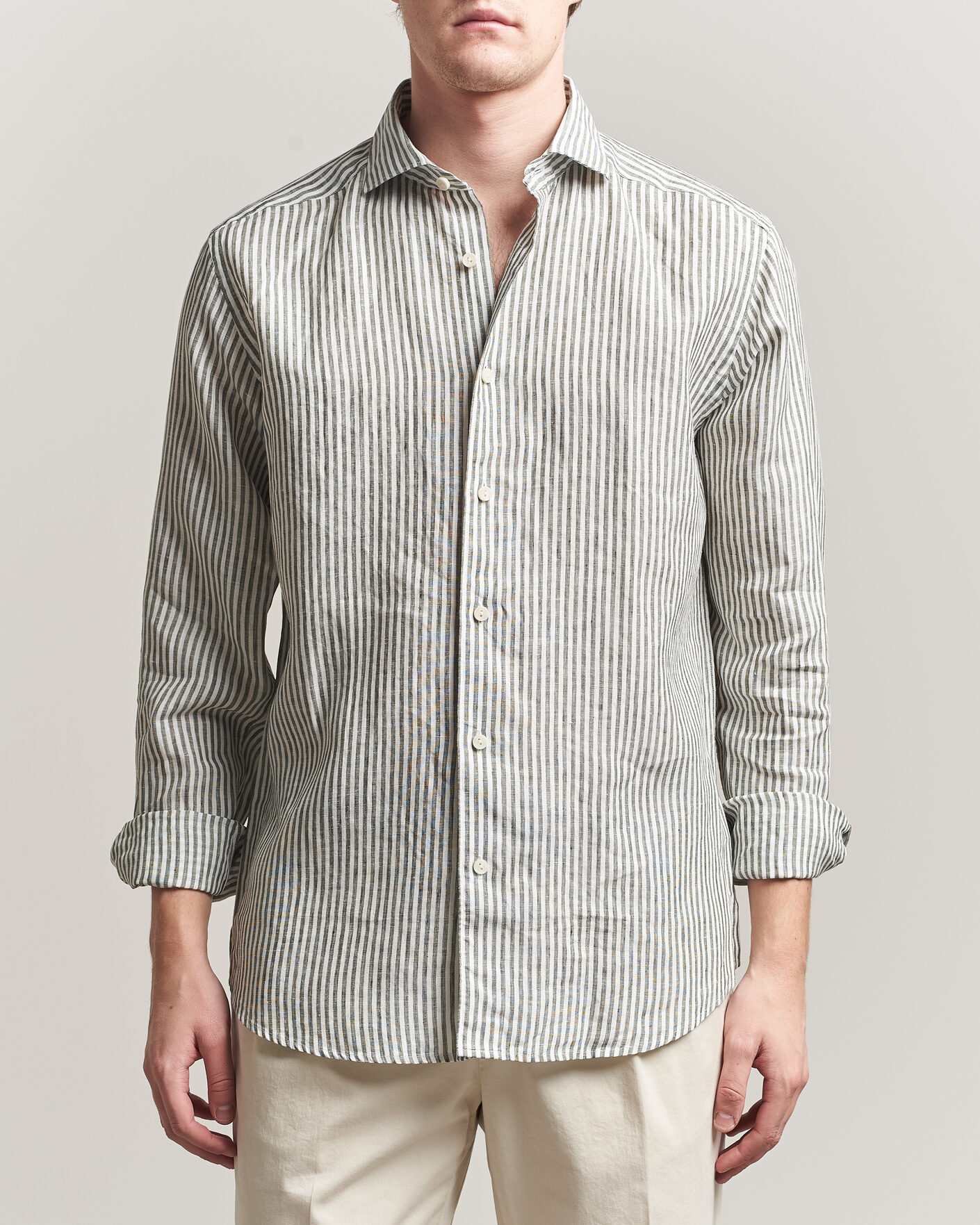 Hombres | Camisas | Eton | Casual Fit Striped Linen Shirt Dark Green