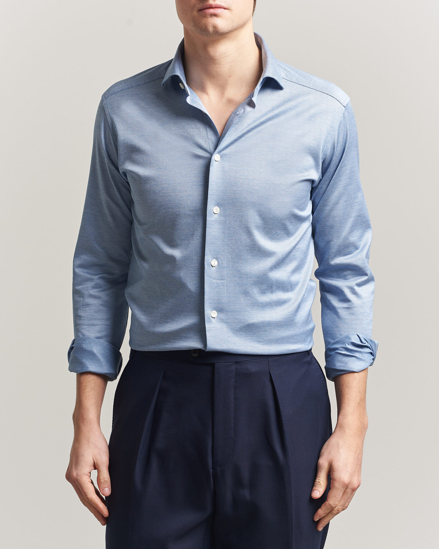 Hombres | Camisas | Eton | Filo di Scozia Knitted Shirt Light Blue