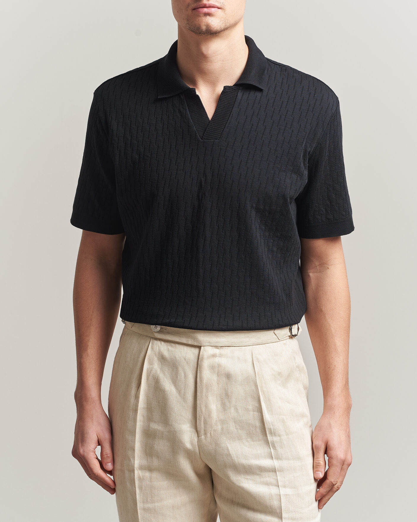 Hombres | Polos | Eton | Open Collar Jacquard Polo Black