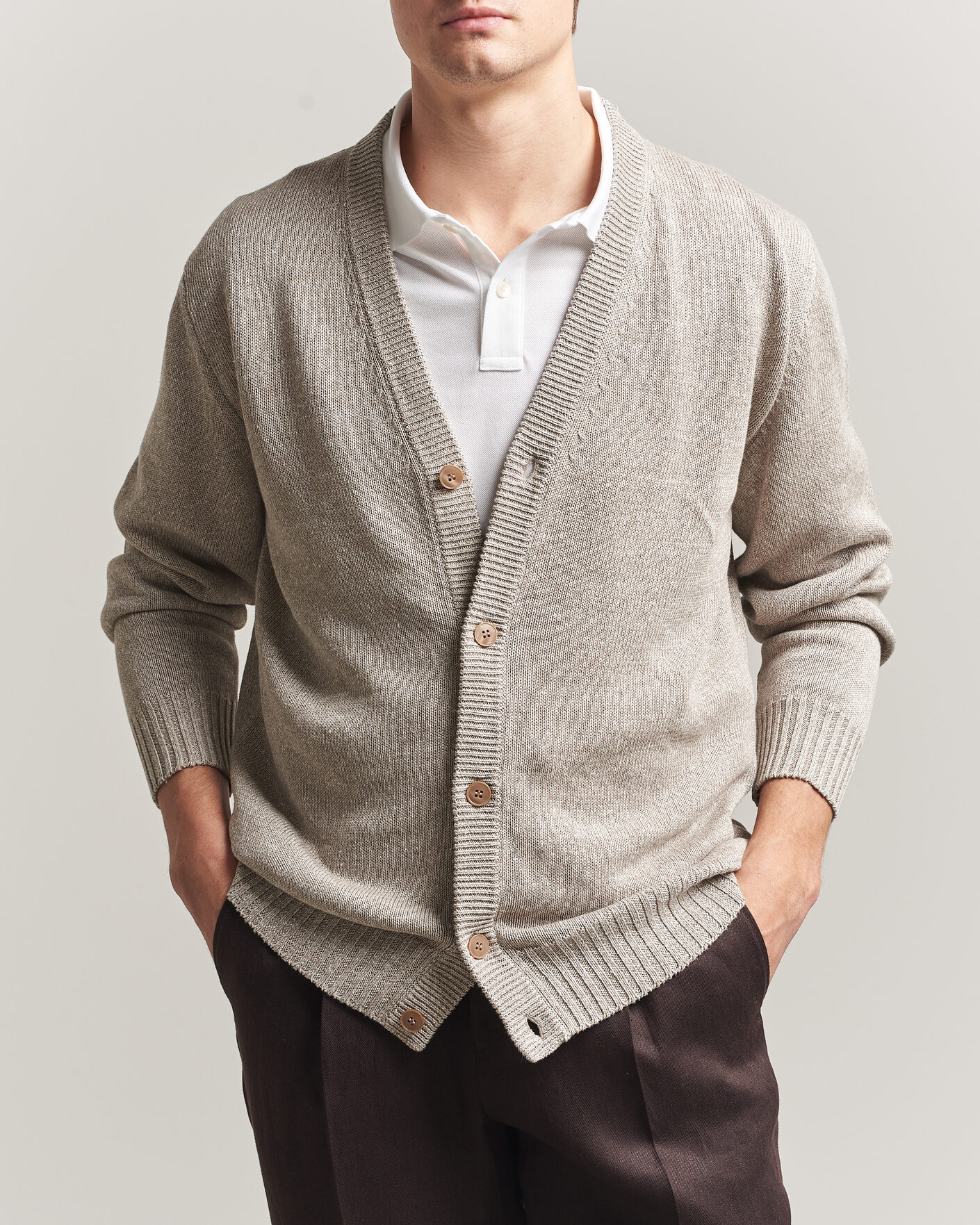 Hombres | Jerséis y prendas de punto | Eton | Cotton Linen Knitted Cardigan Beige