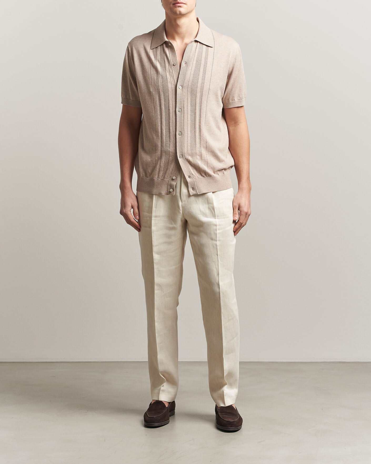 Hombres | Camisas | Eton | Cotton Structured Knitted Short Sleeve Shirt Beige