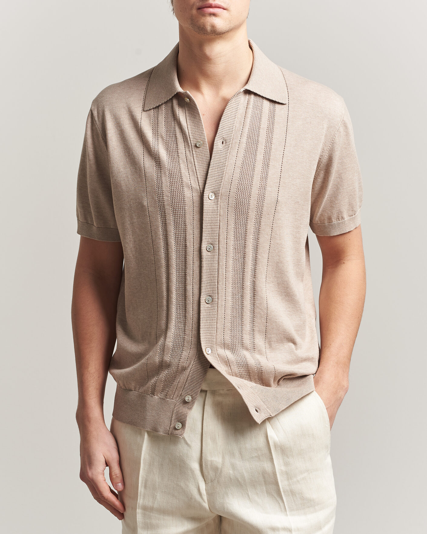 Hombres | Camisas | Eton | Cotton Structured Knitted Short Sleeve Shirt Beige