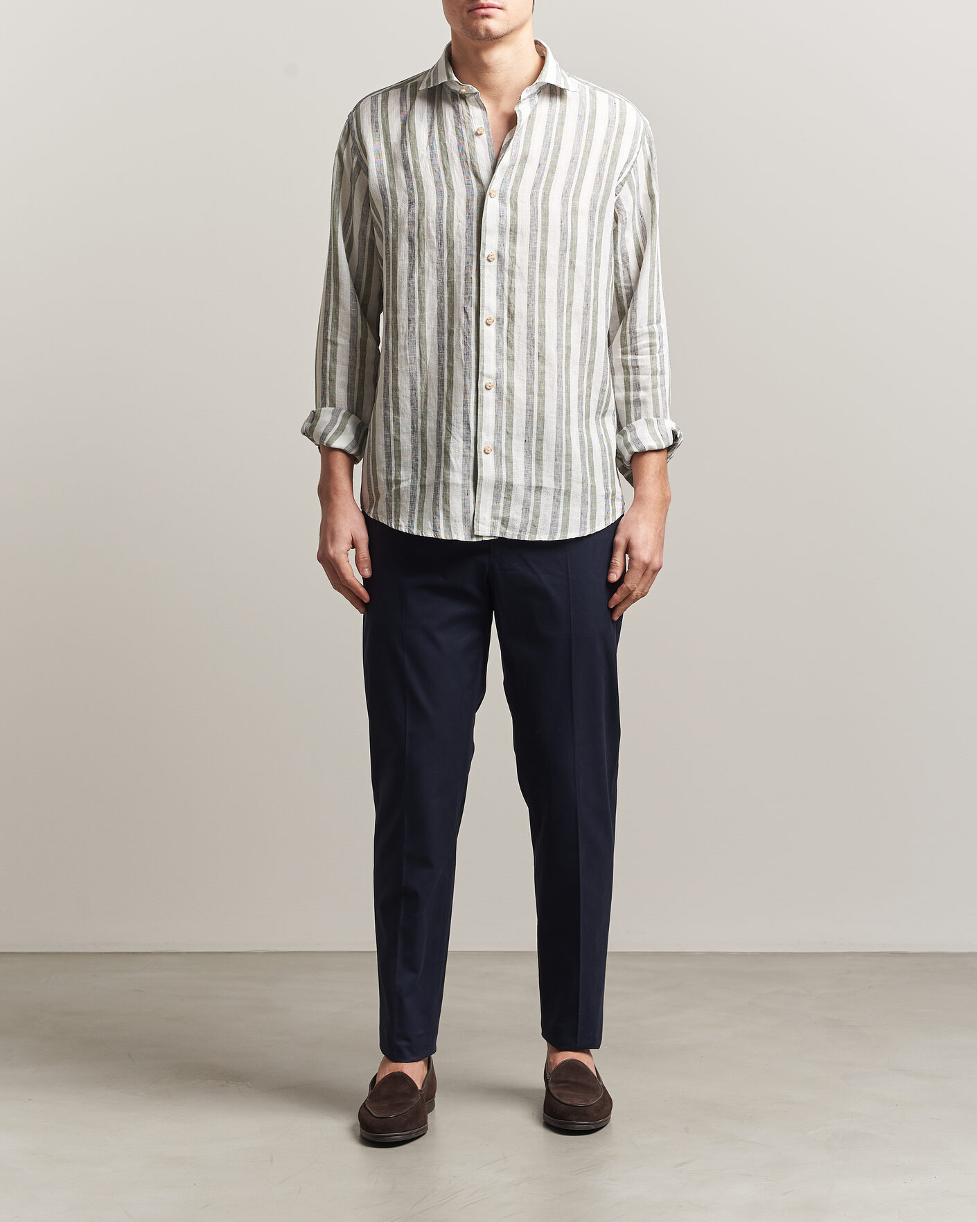 Hombres | Camisas | Eton | Casual Fit Striped Linen Shirt Dark Green