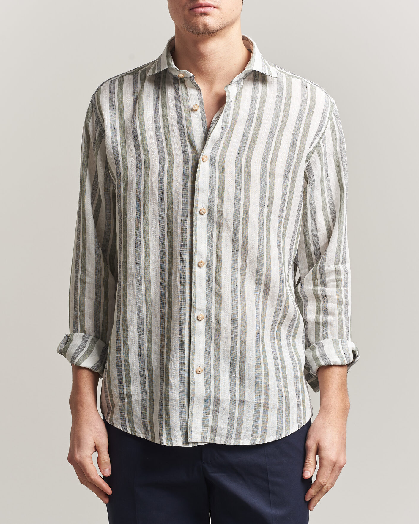 Hombres | Camisas | Eton | Casual Fit Striped Linen Shirt Dark Green