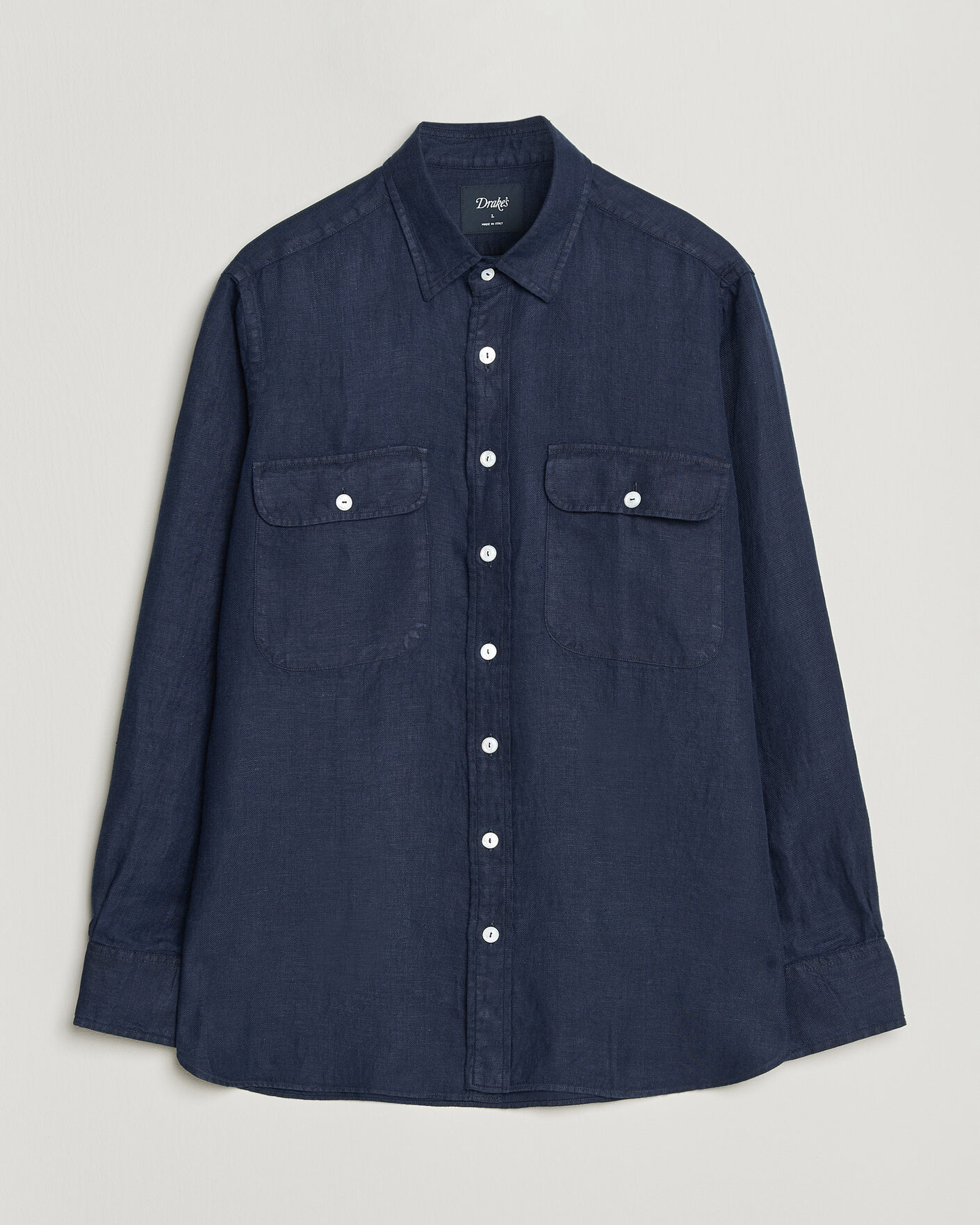 Hombres | Camisas | Drake's | Linen Twill Deep Pocket Work Shirt Navy