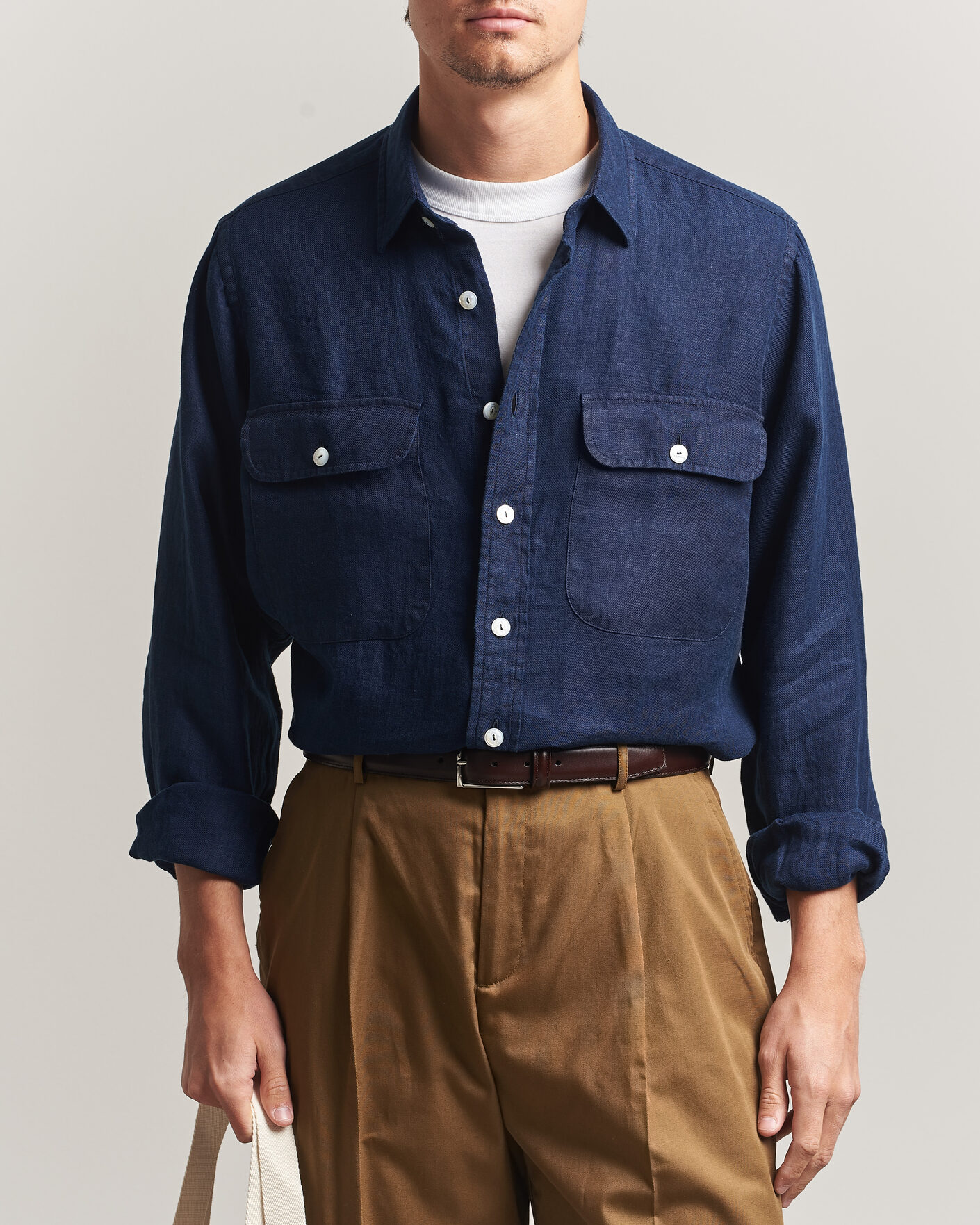 Hombres | Camisas | Drake's | Linen Twill Deep Pocket Work Shirt Navy