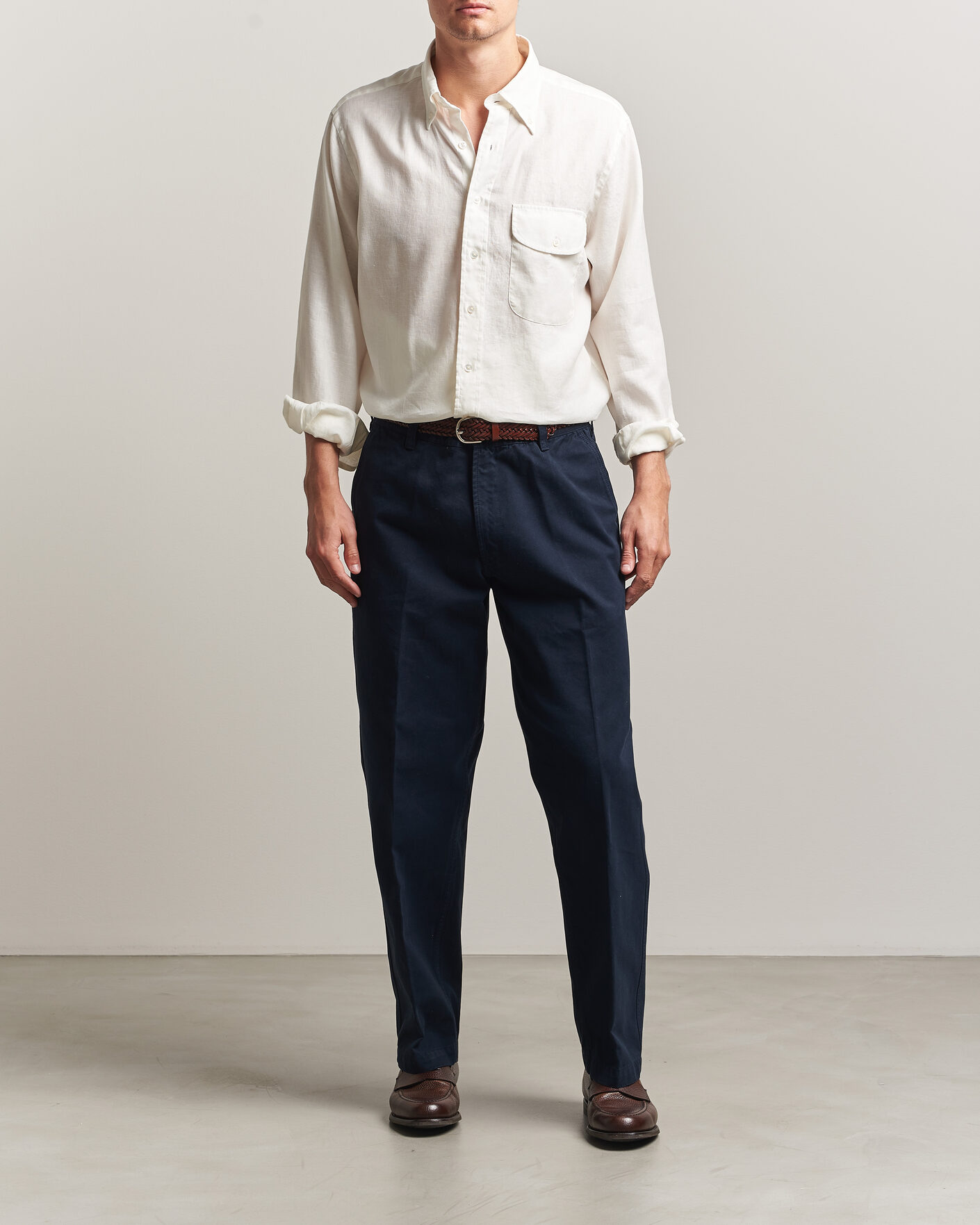 Hombres | Camisas | Drake's | Linen Button Down Curved Pocket Shirt White