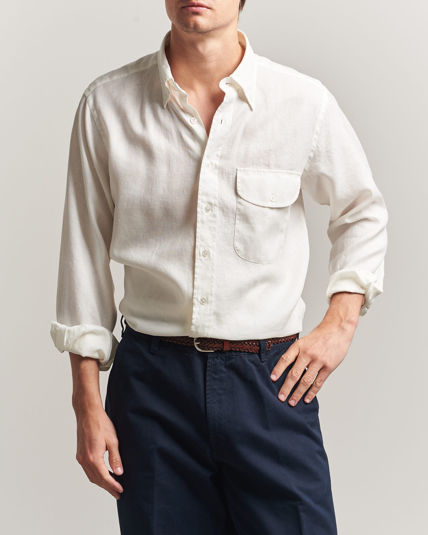 Hombres | Camisas | Drake's | Linen Button Down Curved Pocket Shirt White