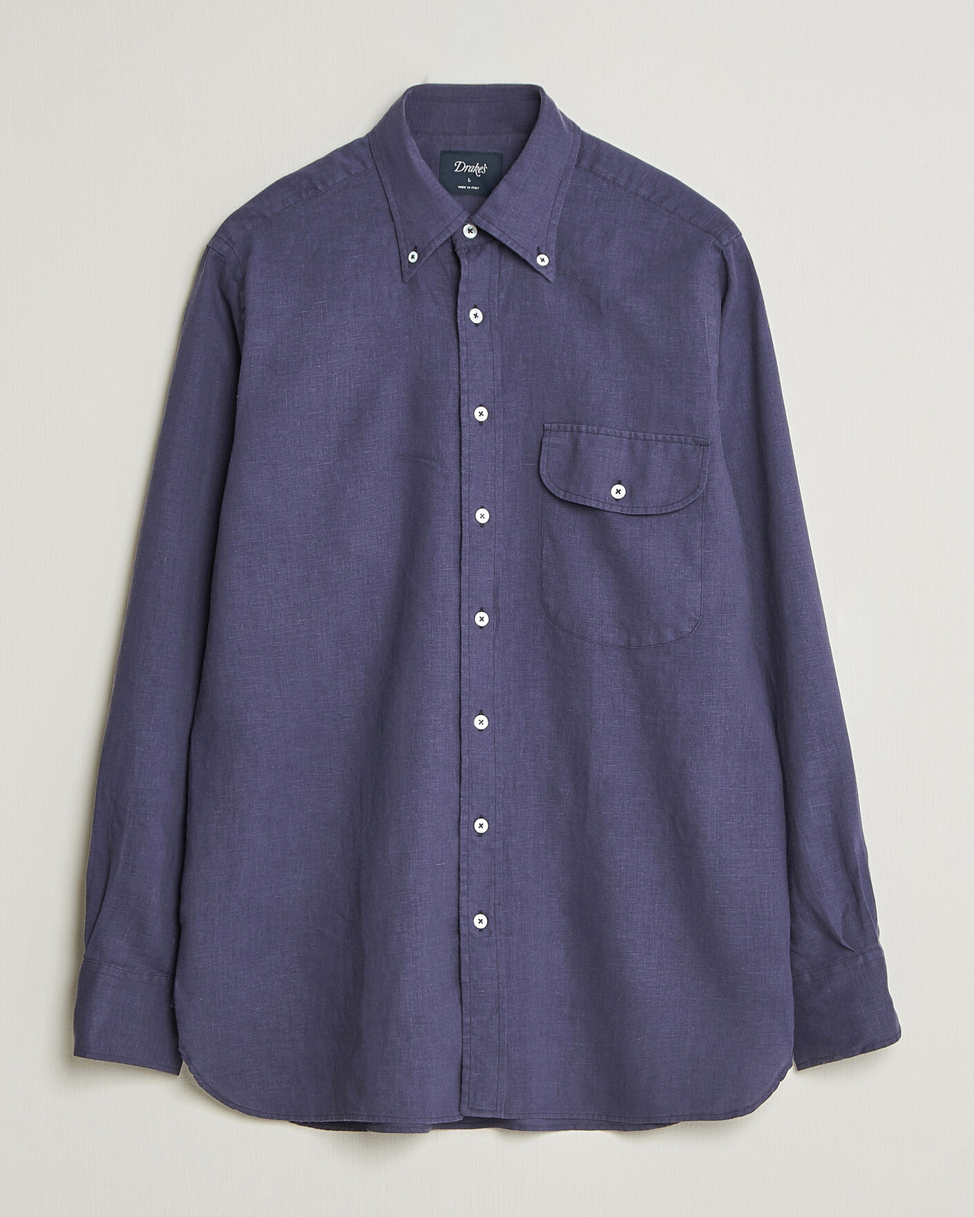 Hombres | Camisas | Drake's | Linen Button Down Curved Pocket Shirt Navy