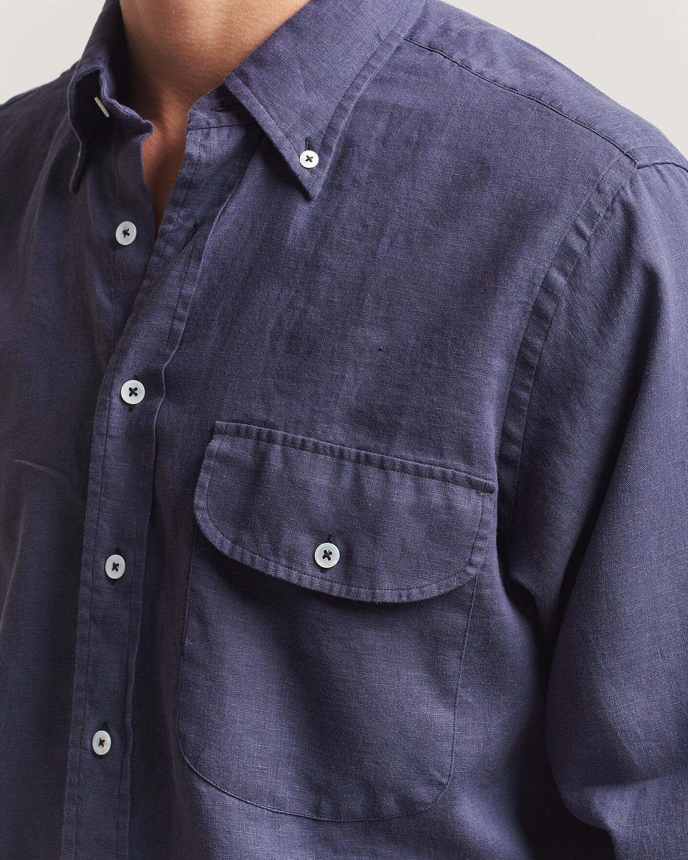 Hombres | Camisas | Drake's | Linen Button Down Curved Pocket Shirt Navy