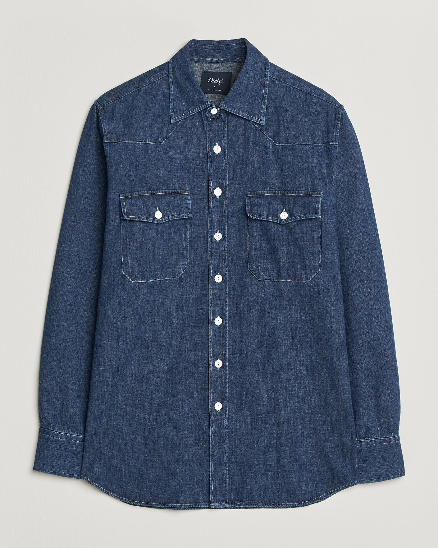 Hombres | Camisas | Drake's | Light Denim Western Shirt Stone Wash