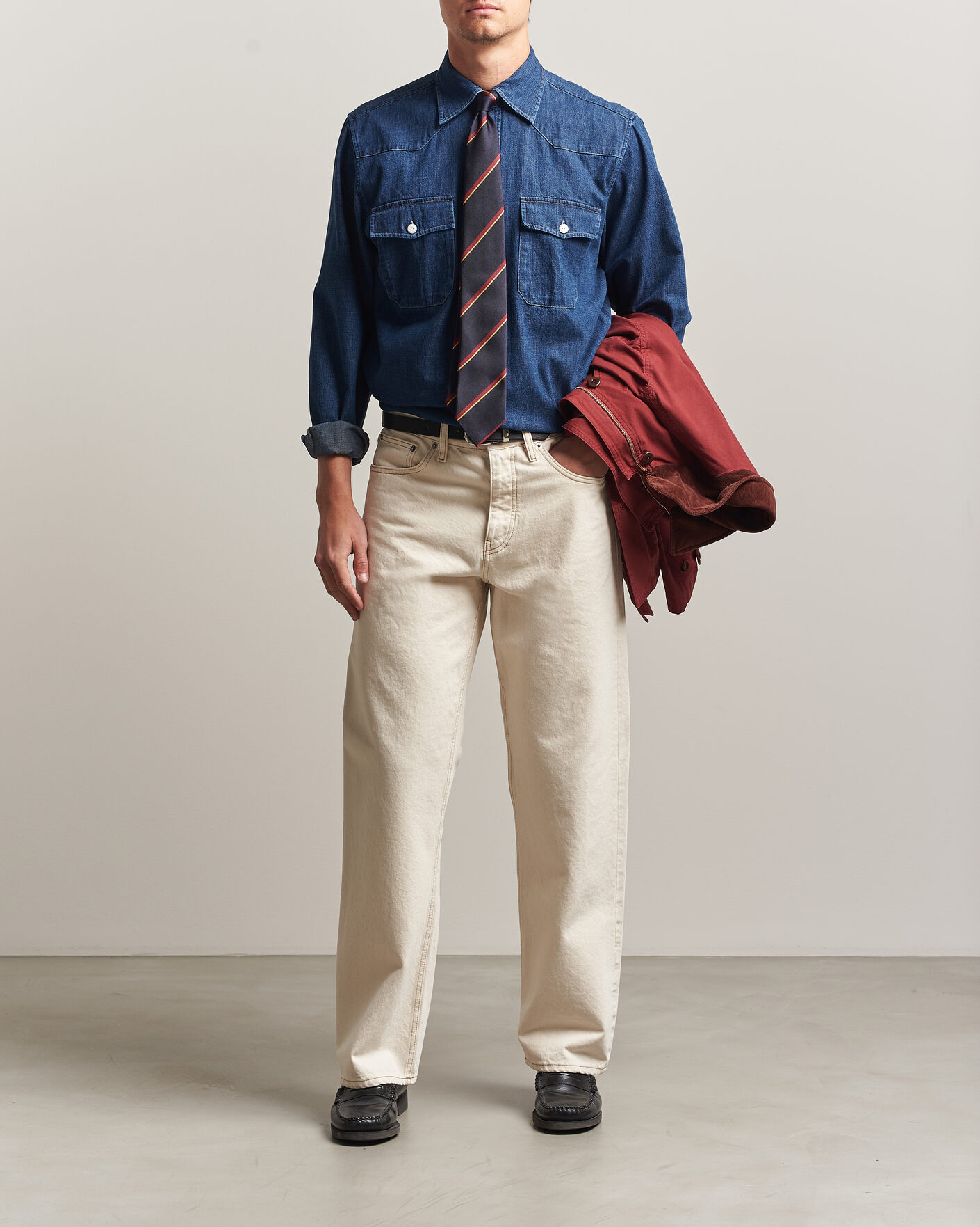 Hombres | Camisas | Drake's | Light Denim Western Shirt Stone Wash