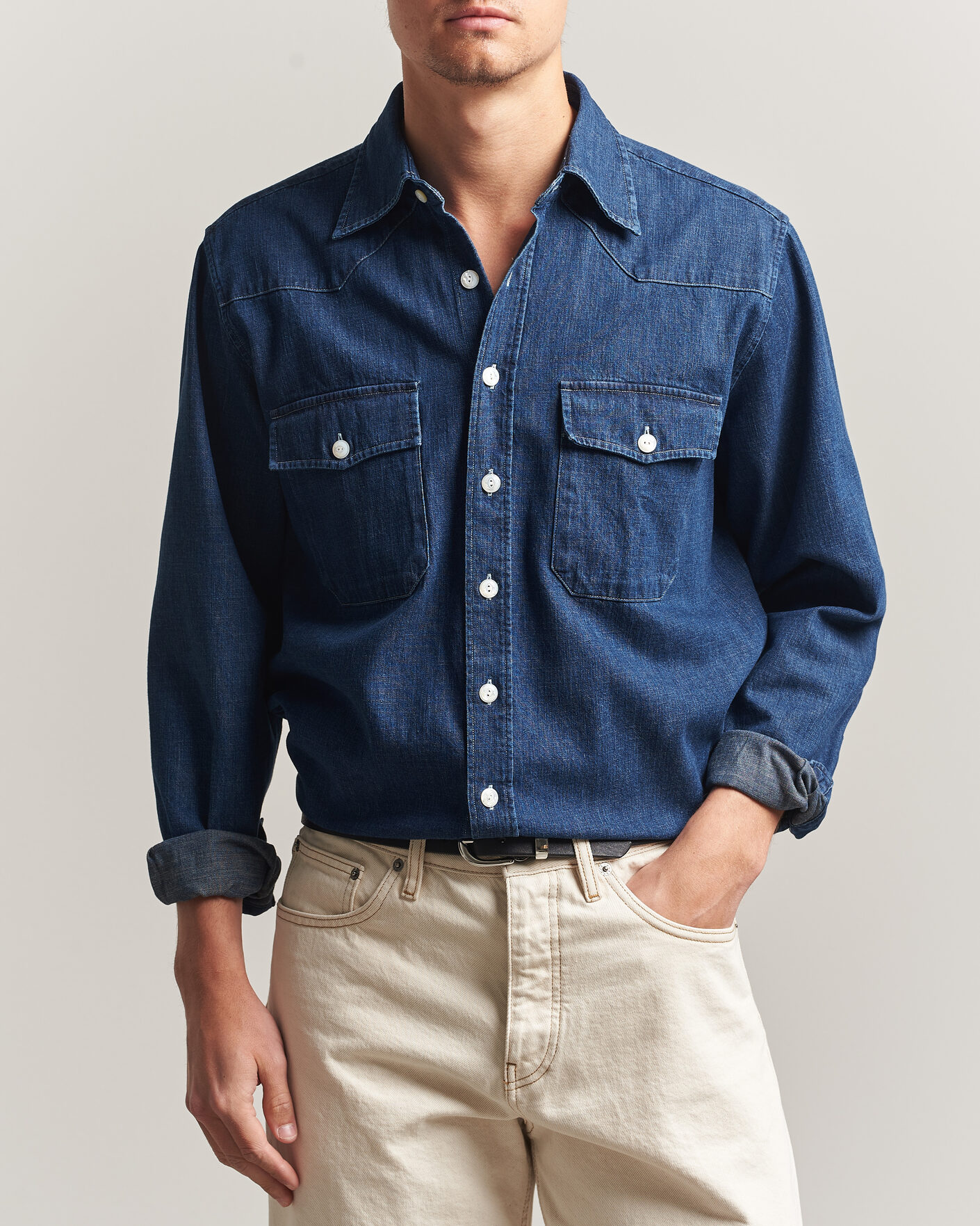 Hombres | Camisas | Drake's | Light Denim Western Shirt Stone Wash