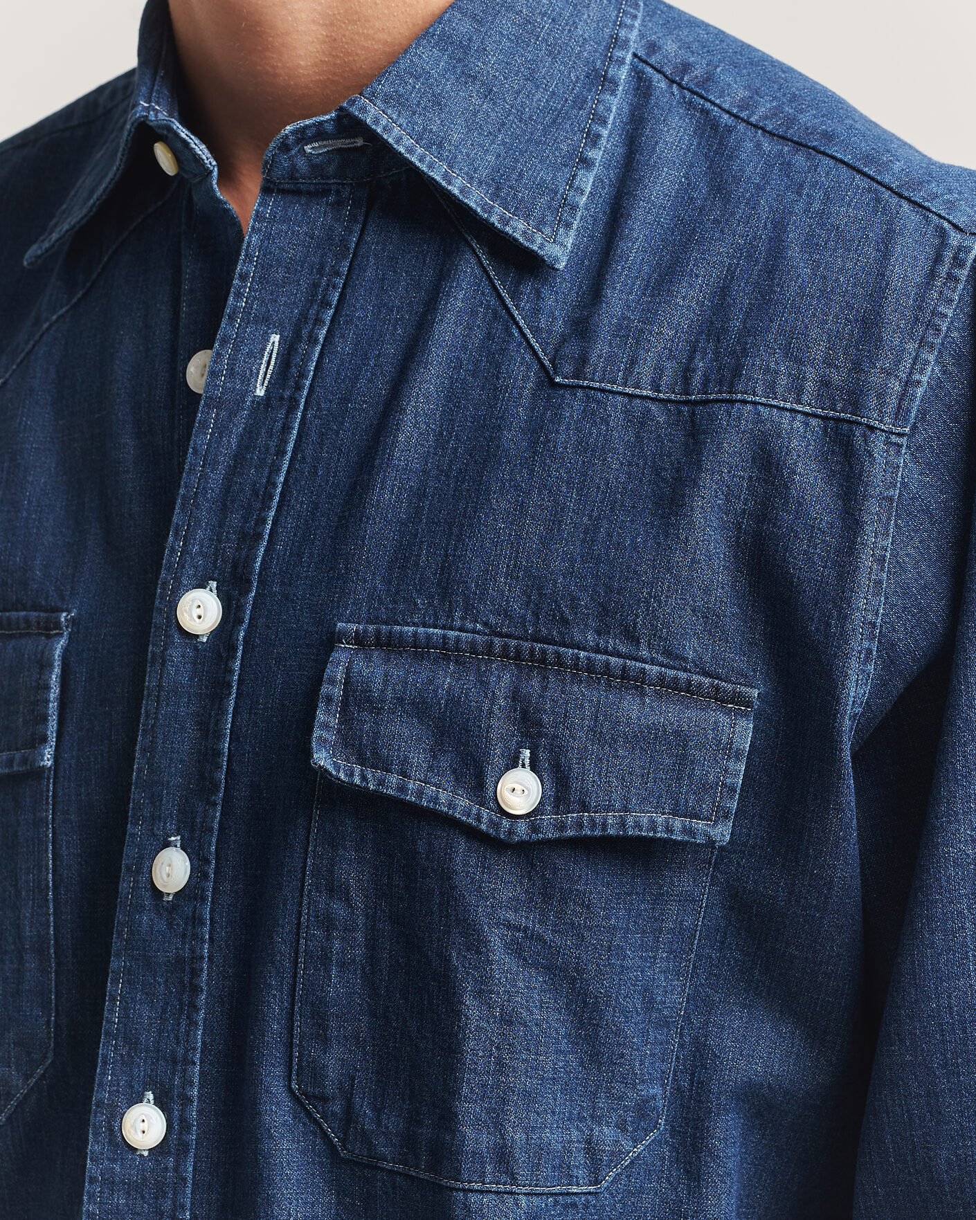 Hombres | Camisas | Drake's | Light Denim Western Shirt Stone Wash