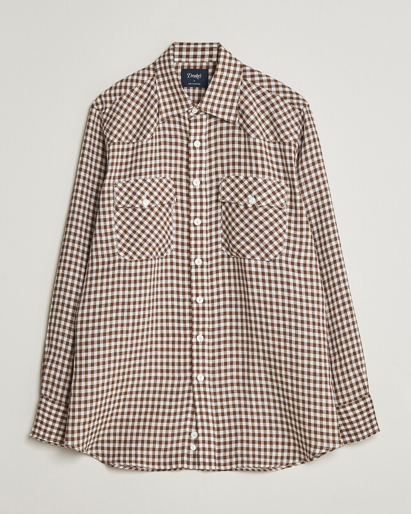 Hombres | Camisas | Drake's | Linen Gingham Western Shirt Brown/White