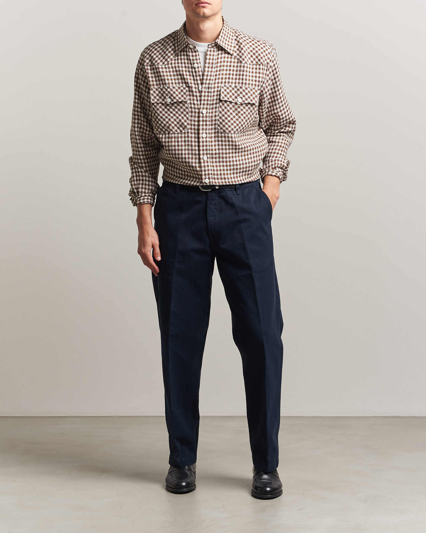 Hombres | Camisas | Drake's | Linen Gingham Western Shirt Brown/White