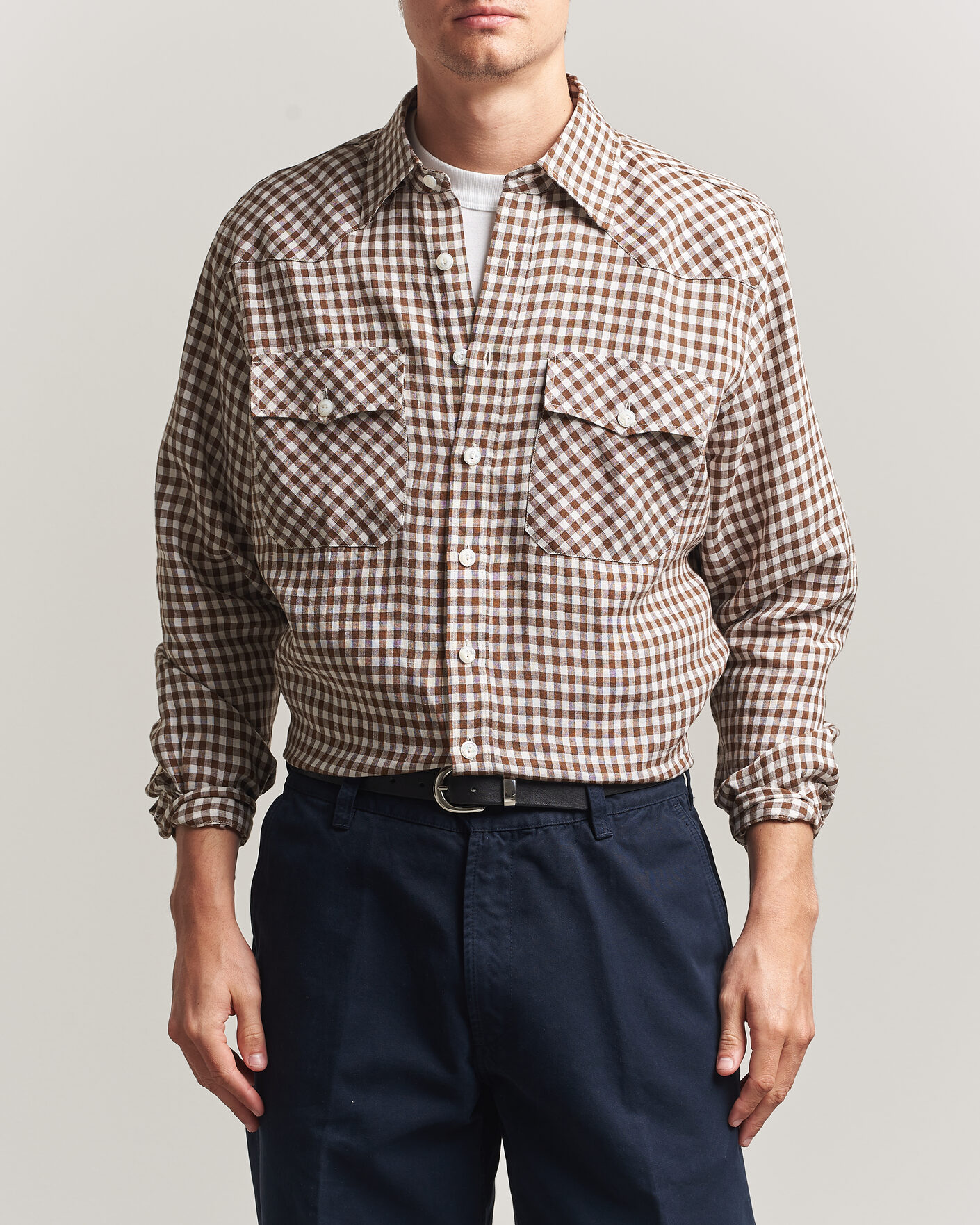 Hombres | Camisas | Drake's | Linen Gingham Western Shirt Brown/White