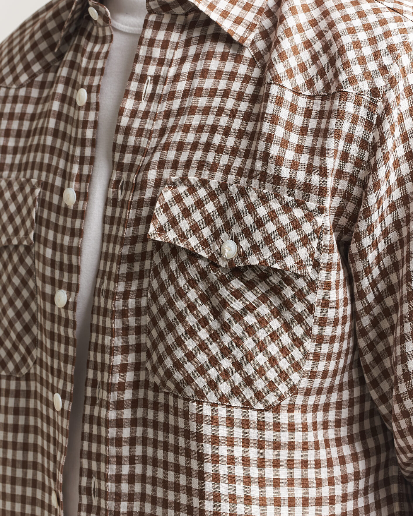Hombres | Camisas | Drake's | Linen Gingham Western Shirt Brown/White