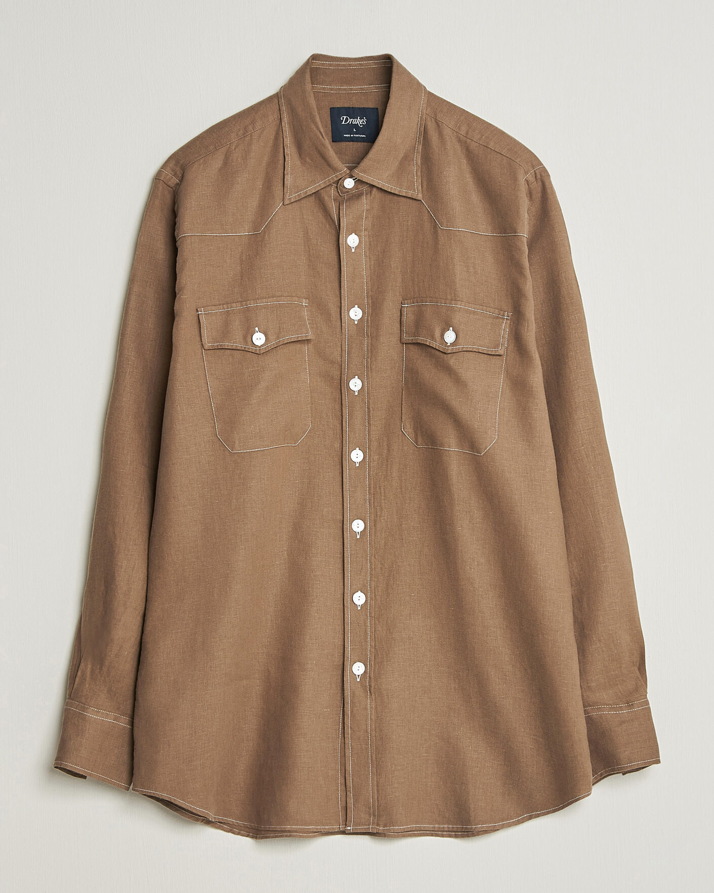 Hombres | Camisas | Drake's | Solid Linen Western Shirt Brown