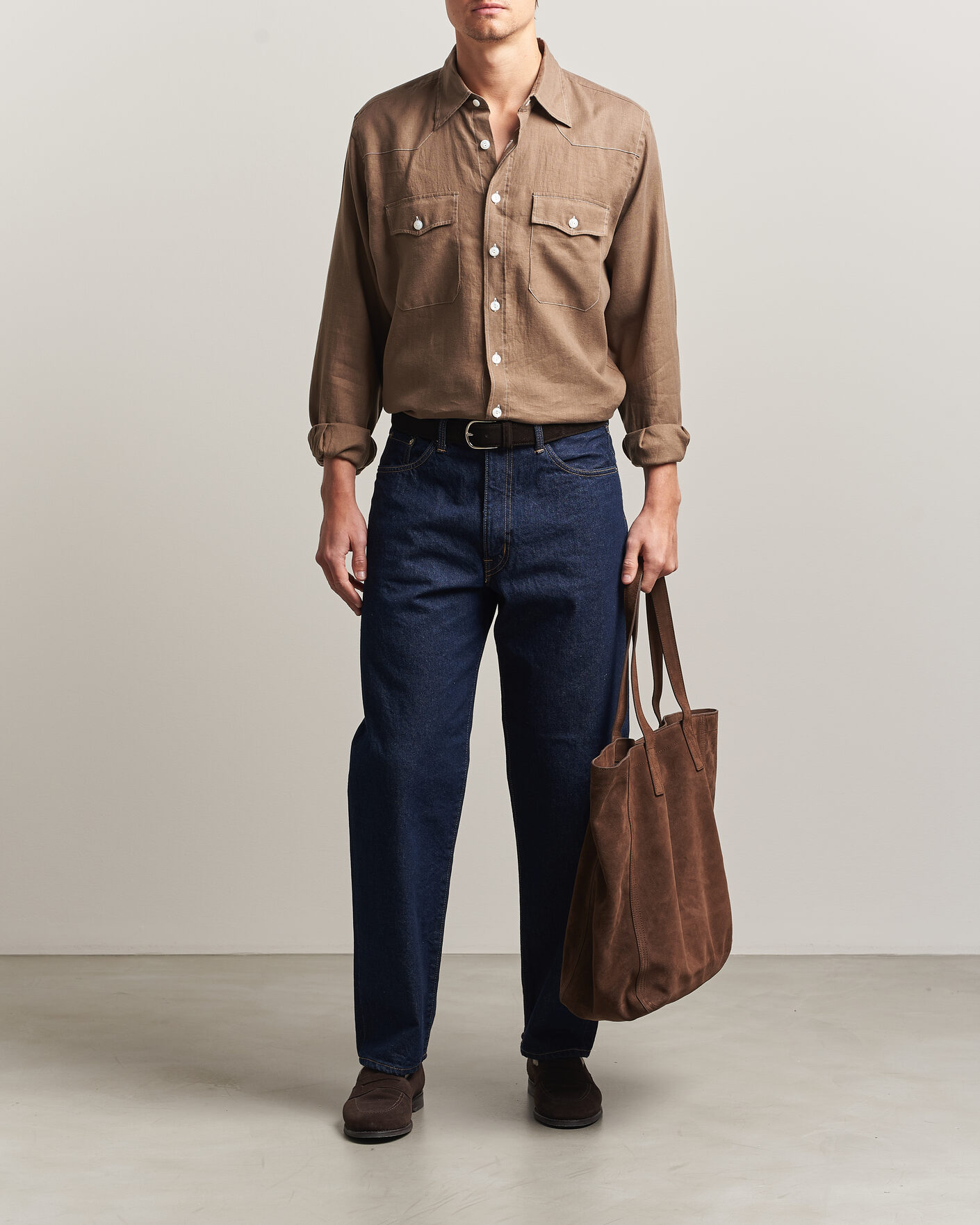 Hombres | Camisas | Drake's | Solid Linen Western Shirt Brown
