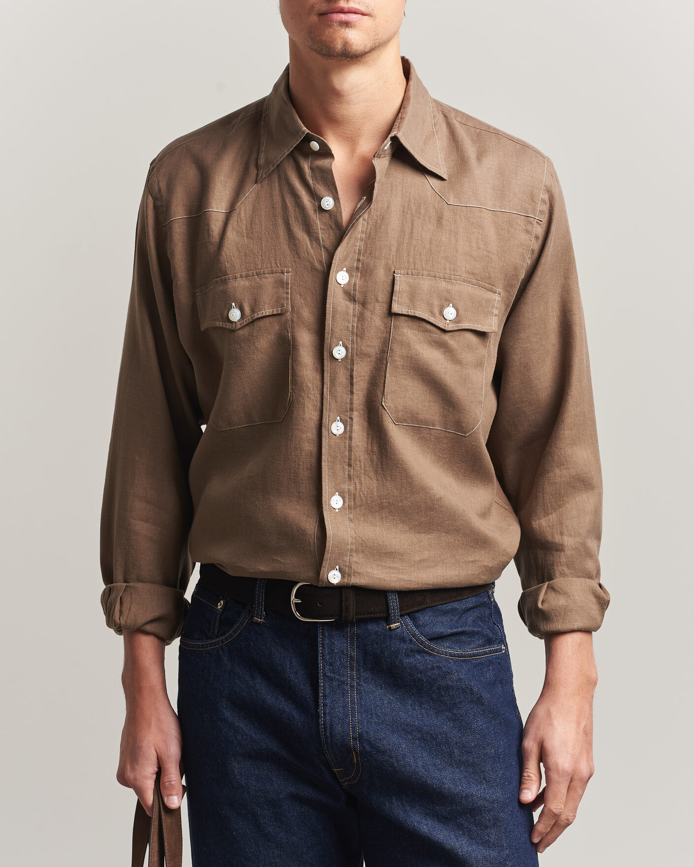 Hombres | Camisas | Drake's | Solid Linen Western Shirt Brown