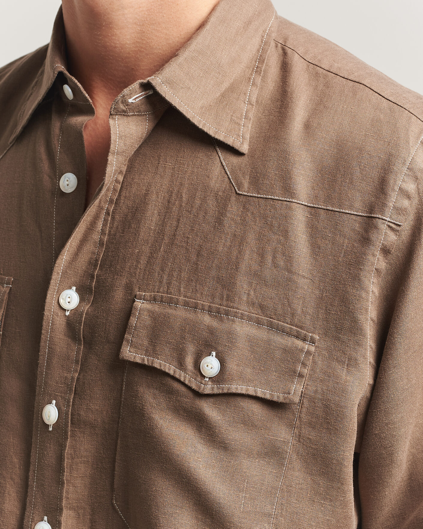 Hombres | Camisas | Drake's | Solid Linen Western Shirt Brown