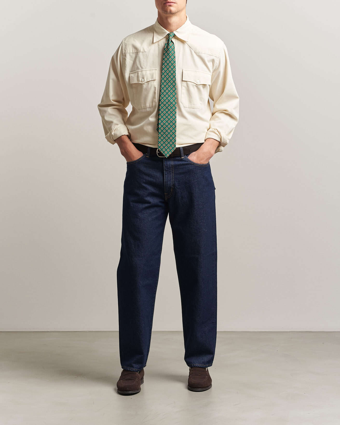Hombres | Camisas | Drake's | Needlecord Western Shirt White