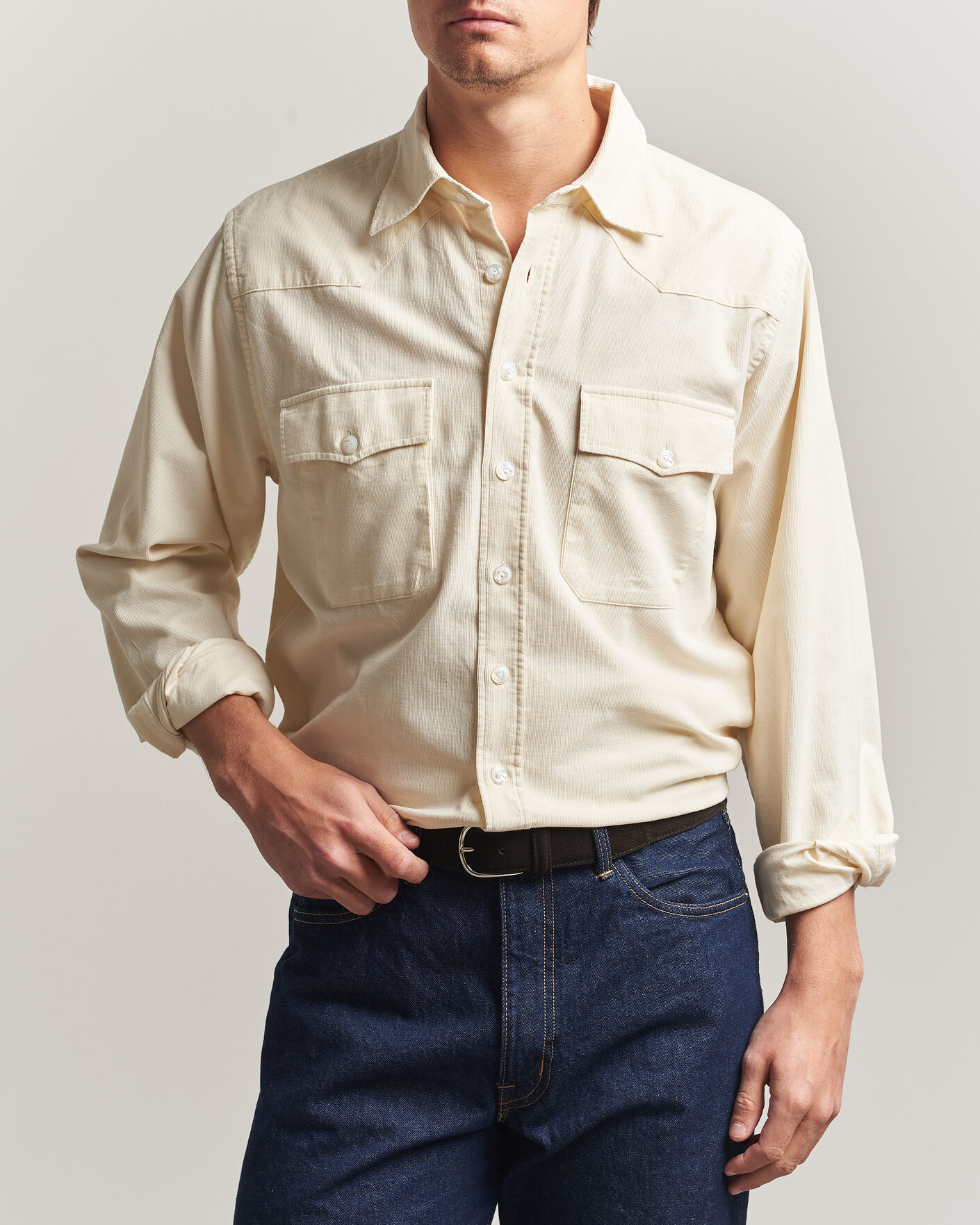 Hombres | Camisas | Drake's | Needlecord Western Shirt White