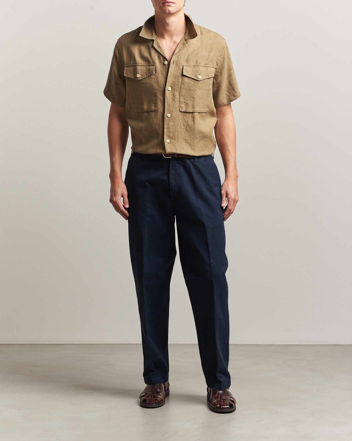Hombres | Camisas | Drake's | Military Short Sleeve Camp Collar Shirt Khaki