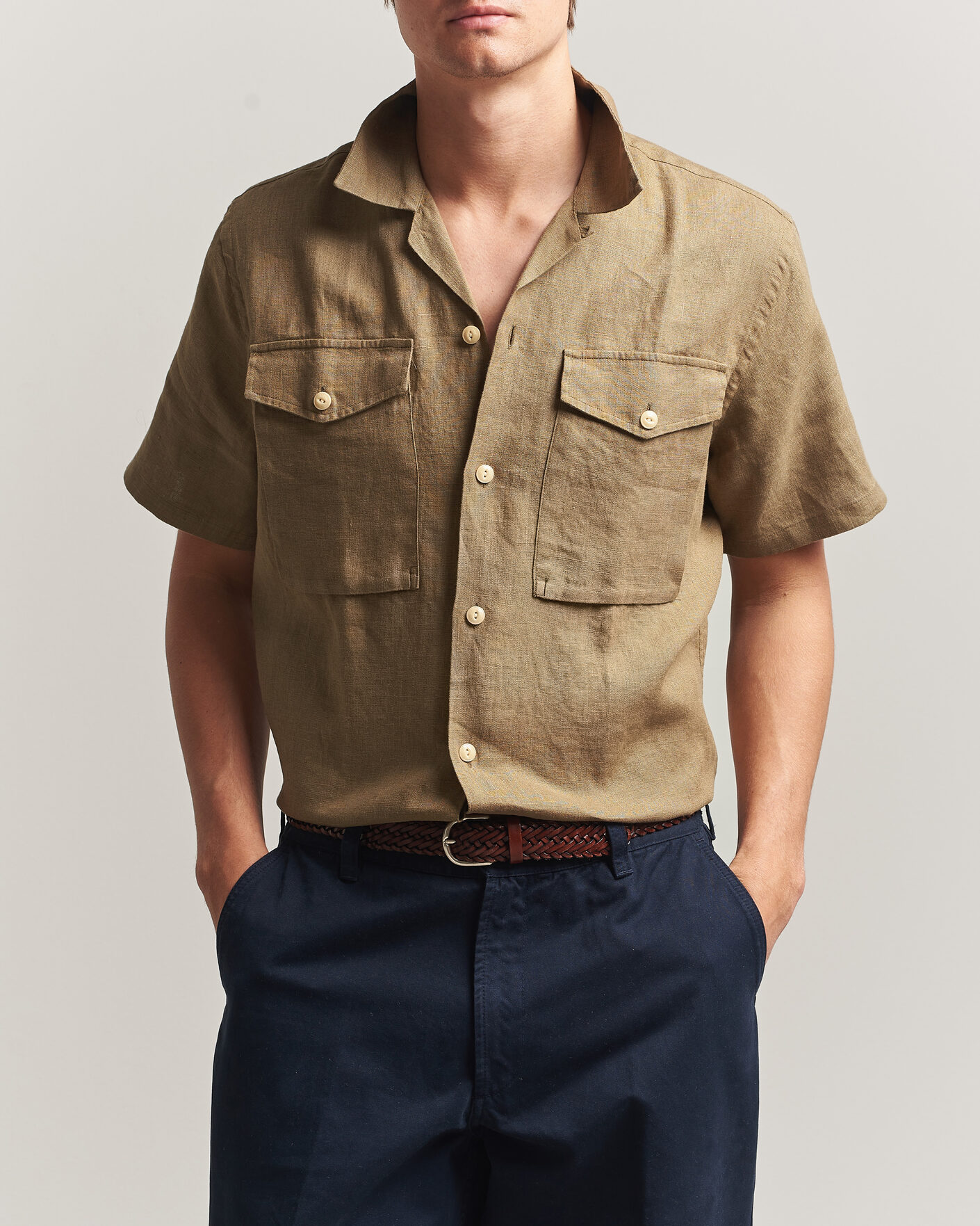 Hombres | Camisas | Drake's | Military Short Sleeve Camp Collar Shirt Khaki