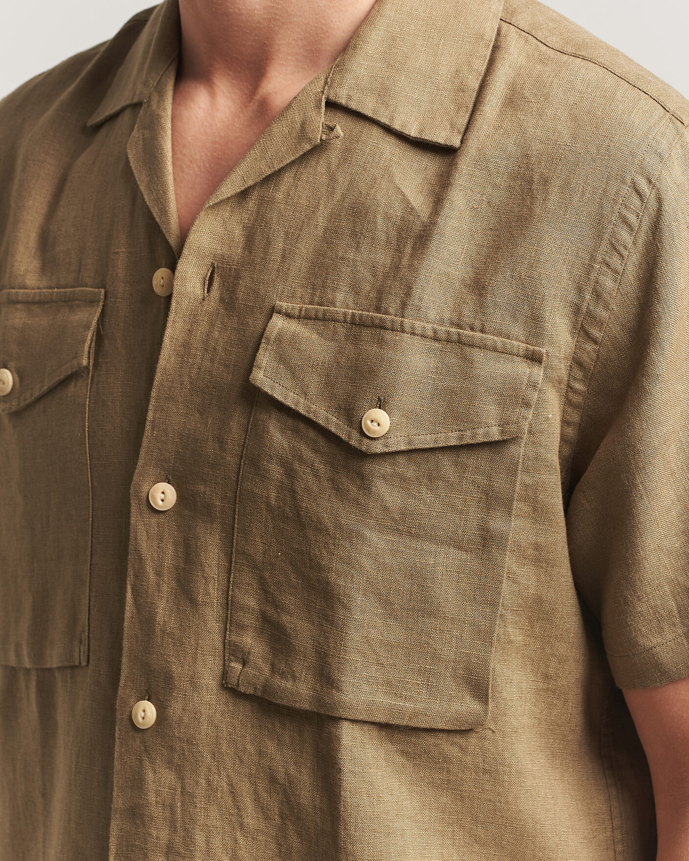 Hombres | Camisas | Drake's | Military Short Sleeve Camp Collar Shirt Khaki