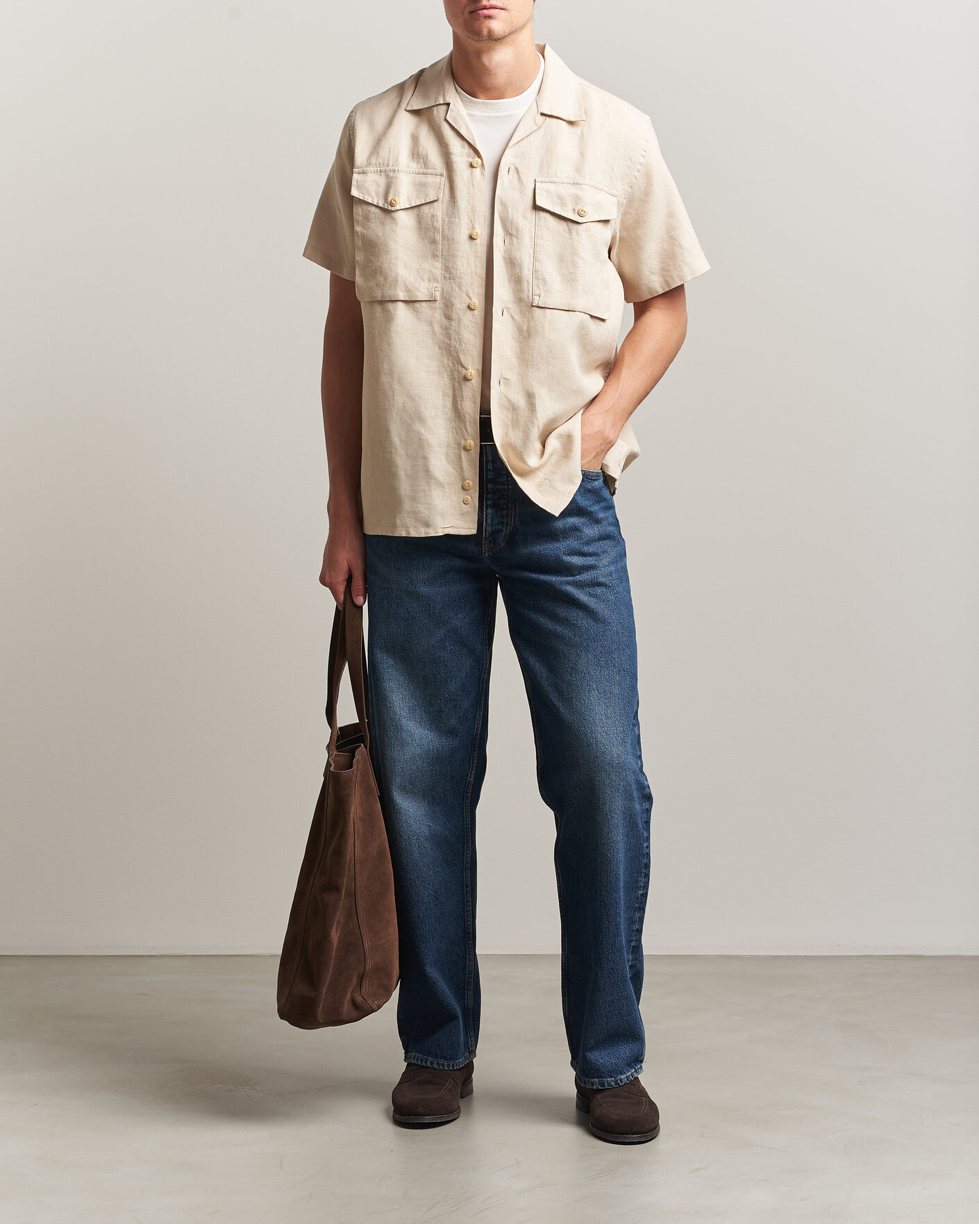 Hombres | Camisas | Drake's | Military Short Sleeve Camp Collar Shirt Ecru