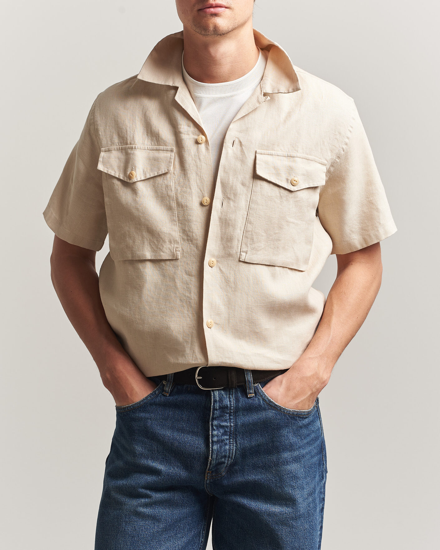 Hombres | Camisas | Drake's | Military Short Sleeve Camp Collar Shirt Ecru