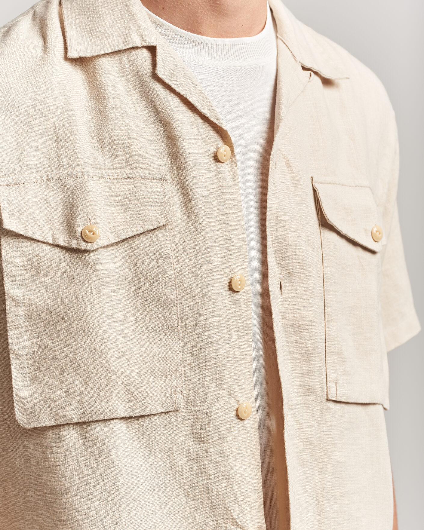 Hombres | Camisas | Drake's | Military Short Sleeve Camp Collar Shirt Ecru