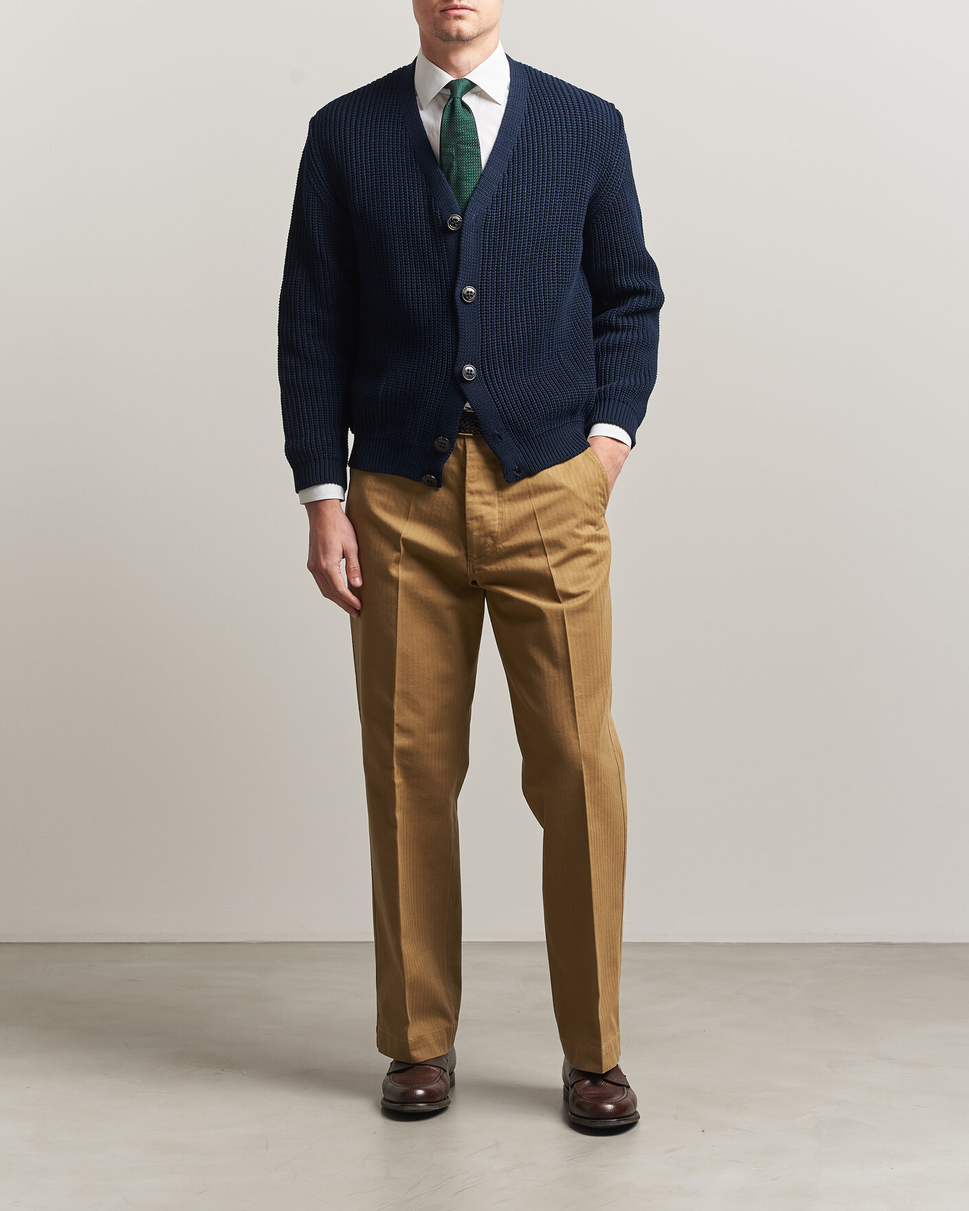 Hombres | Pantalones | Drake's | Herringbone Wide Leg Chino Khaki